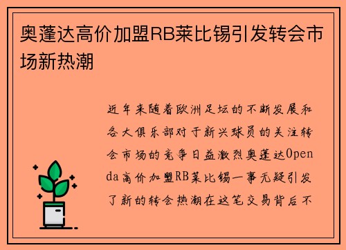 奥蓬达高价加盟RB莱比锡引发转会市场新热潮 奥蓬达高价加盟RB莱比锡引发转会市场新热潮